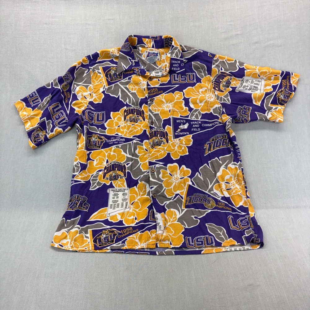 Reyn Spooner LSU Fighting Tigers Men Large Hawaiian Shirt Purple Gold Rayon